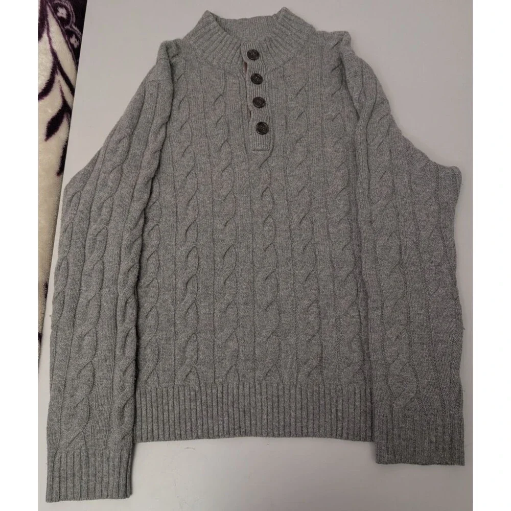 Vineyard Vines Mens L Gray Cable Knit Mock Neck Button Wool Cashmere Sweater